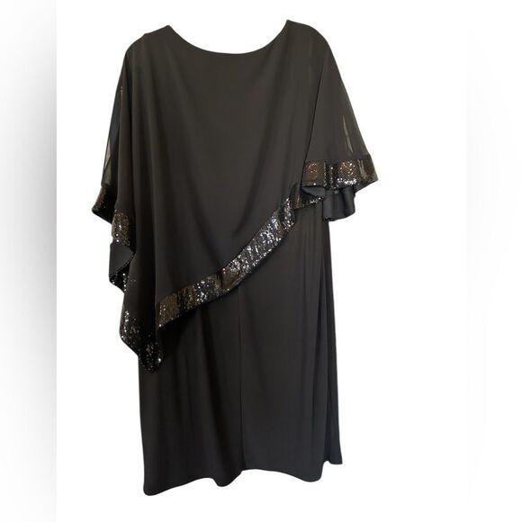 R&M Richards Knee-Length Dress w Sequined Sheer Draped Asymmetrical  Poncho 14W - Picture 1 of 11